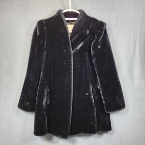 Vintage Womens Coat 6 Glenoit Intrigue Black Faux Fur Union Made USA Mobwife